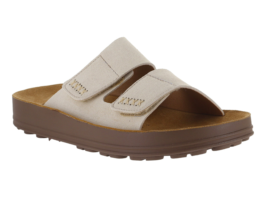 Sandalias Nomadas color beige con suela marrón y dos correas ajustables.