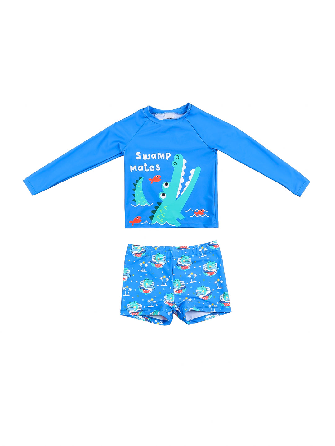 Conjunto de traje de baño azul rey para niño con camiseta de manga larga y short estampado