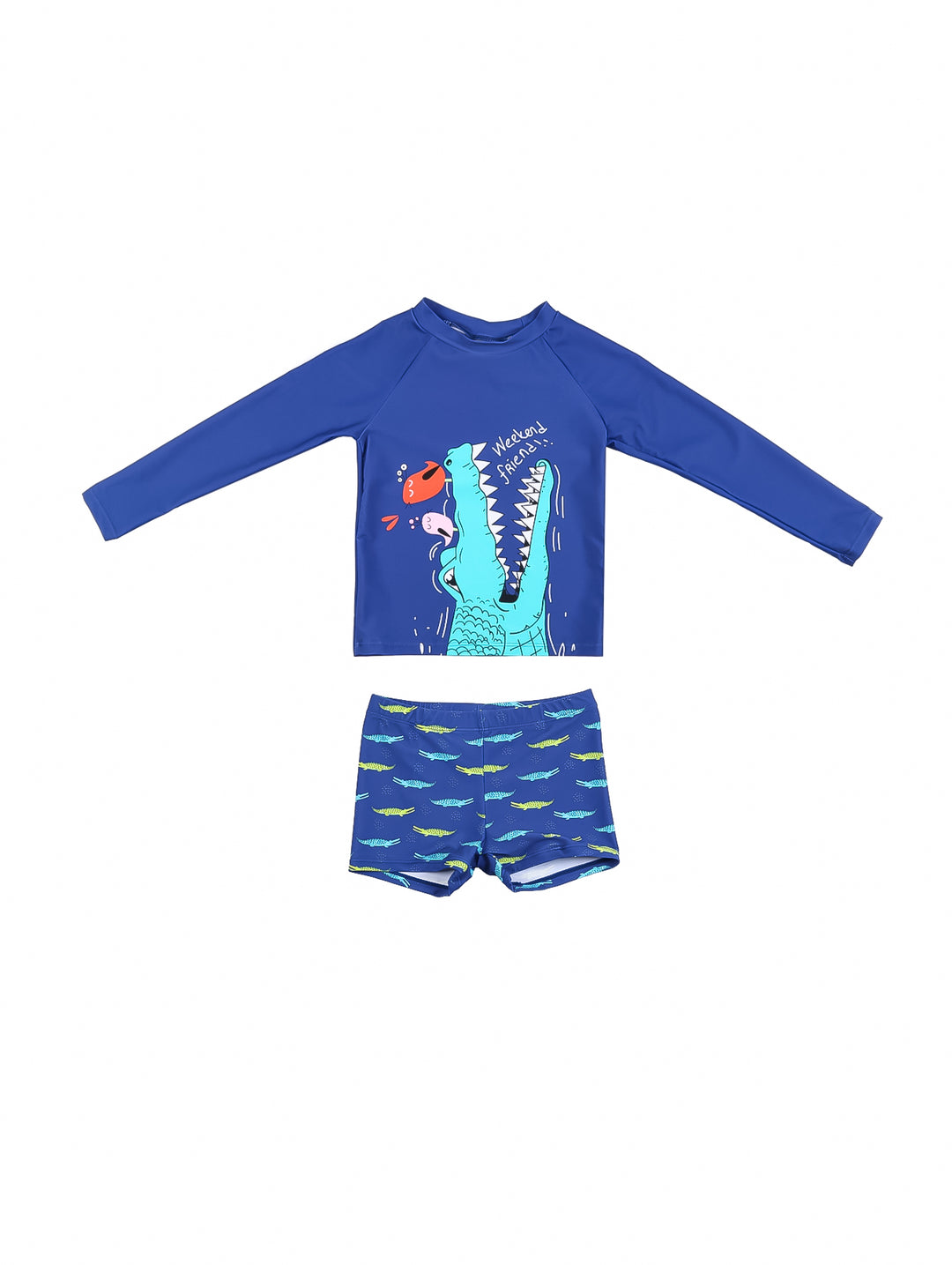 Traje de baño para niño azul marino con camiseta de manga larga con dibujo de cocodrilo y shorts estampados.