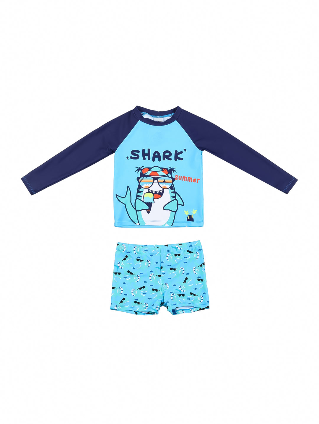 Traje de baño para niño de dos piezas color turquesa y azul marino con diseño de tiburón.