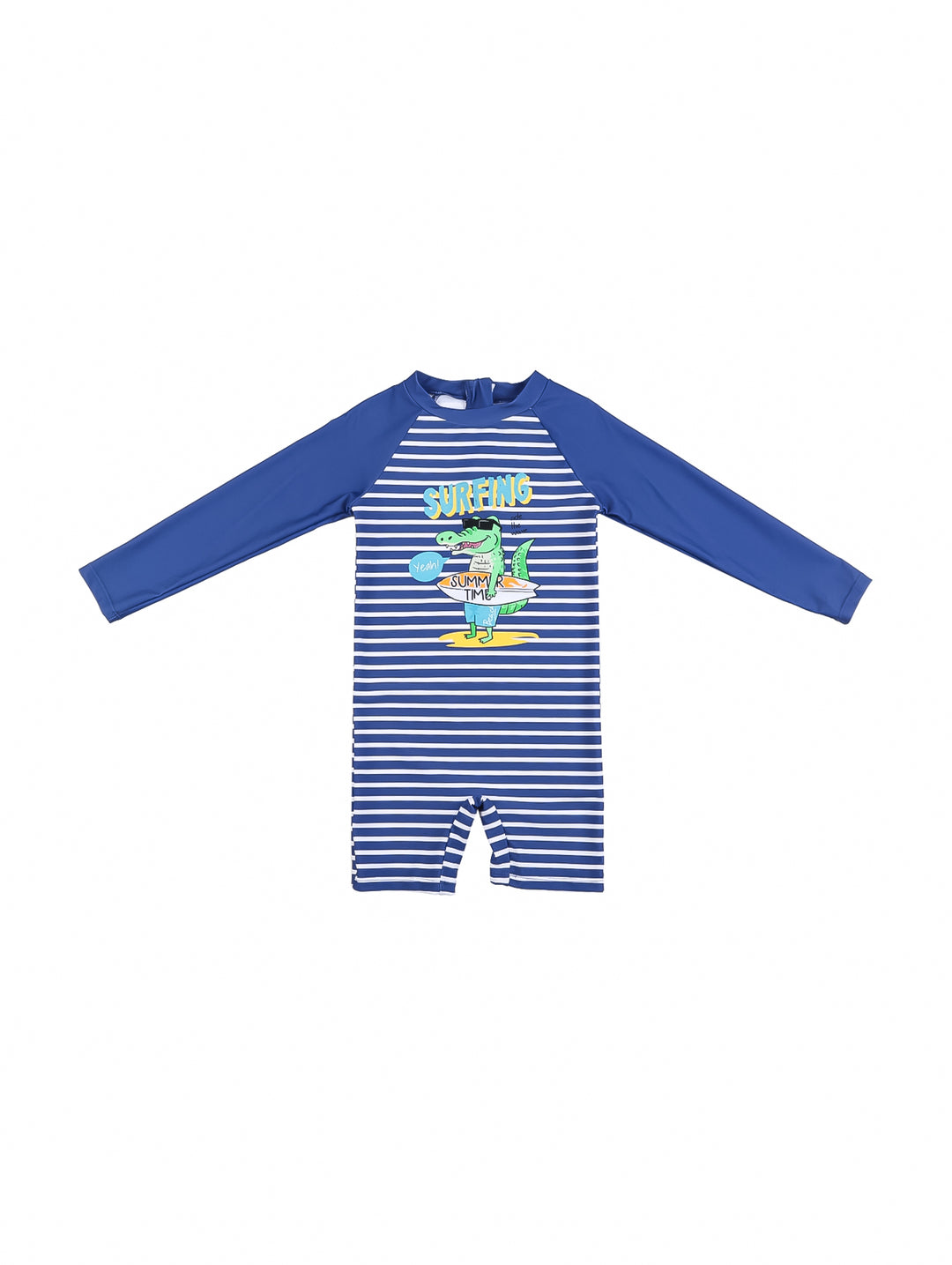 Traje de baño de una pieza para niño color azul marino con mangas largas, rayas blancas y dibujo de dinosaurio.