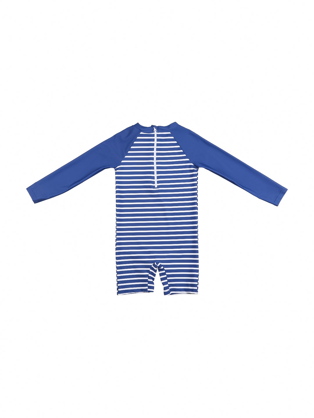 Traje de baño de una pieza para niño color azul marino con mangas largas, rayas blancas y dibujo de dinosaurio.