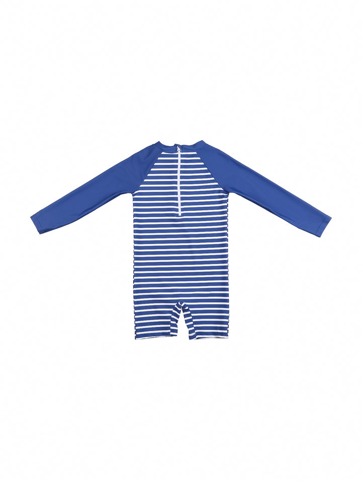 Traje de baño de una pieza para niño color azul marino con mangas largas, rayas blancas y dibujo de dinosaurio.