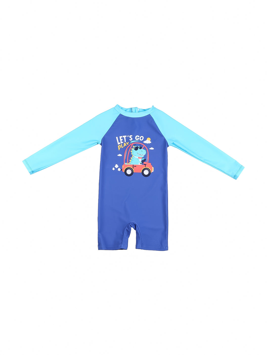 Traje de baño de una pieza para niño en color azul con mangas azul claro y estampado de dinosaurio.