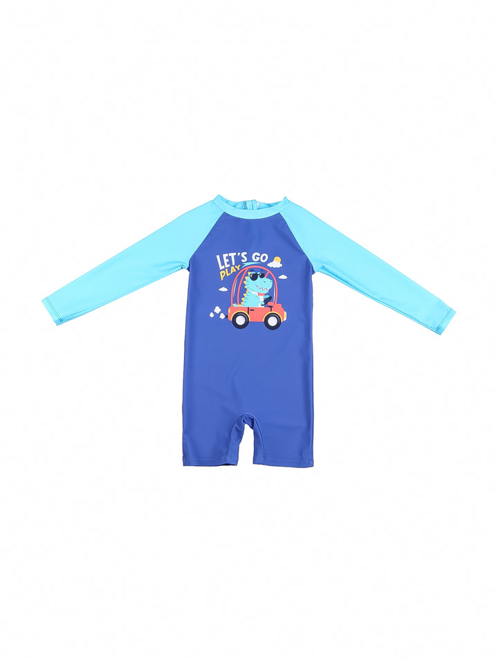 Traje de baño de una pieza para niño en color azul con mangas azul claro y estampado de dinosaurio.
