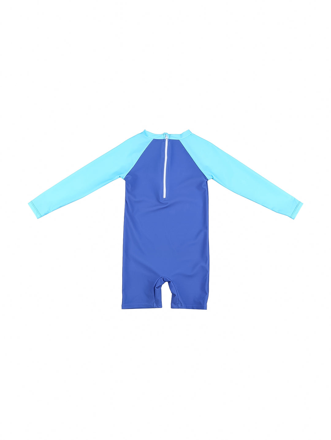 Traje de baño de una pieza para niño en color azul con mangas azul claro y estampado de dinosaurio.