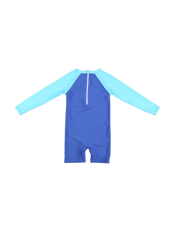 Traje de baño de una pieza para niño en color azul con mangas azul claro y estampado de dinosaurio.