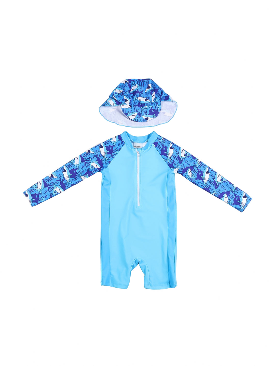 Traje de baño azul de una pieza para niño con manga larga y gorro a juego con estampado.