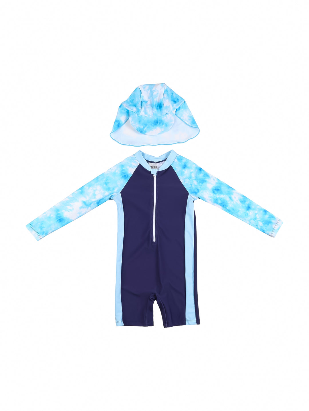 Traje de baño de una pieza color marino con mangas y gorro en tono azul tie-dye para niño.