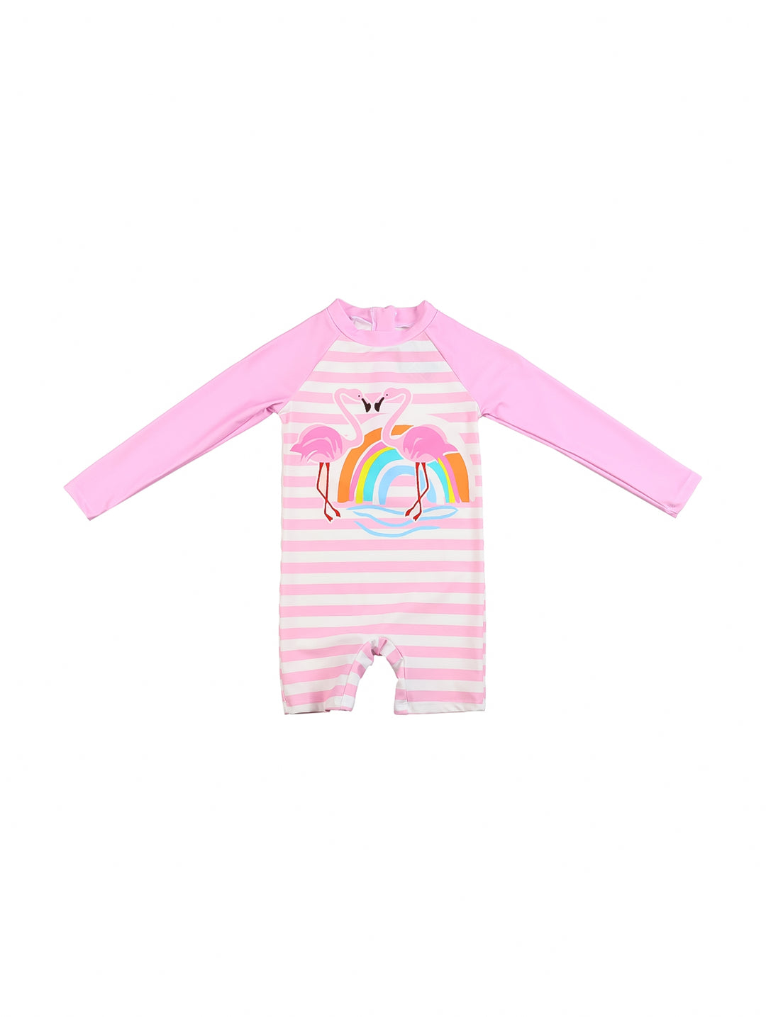 Traje de baño rosa de manga larga para niña con estampado de flamencos y arcoíris y rayas blancas.