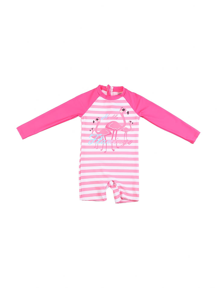 Traje de baño fucsia y blanco para niña con manga larga y estampado de flamencos.
