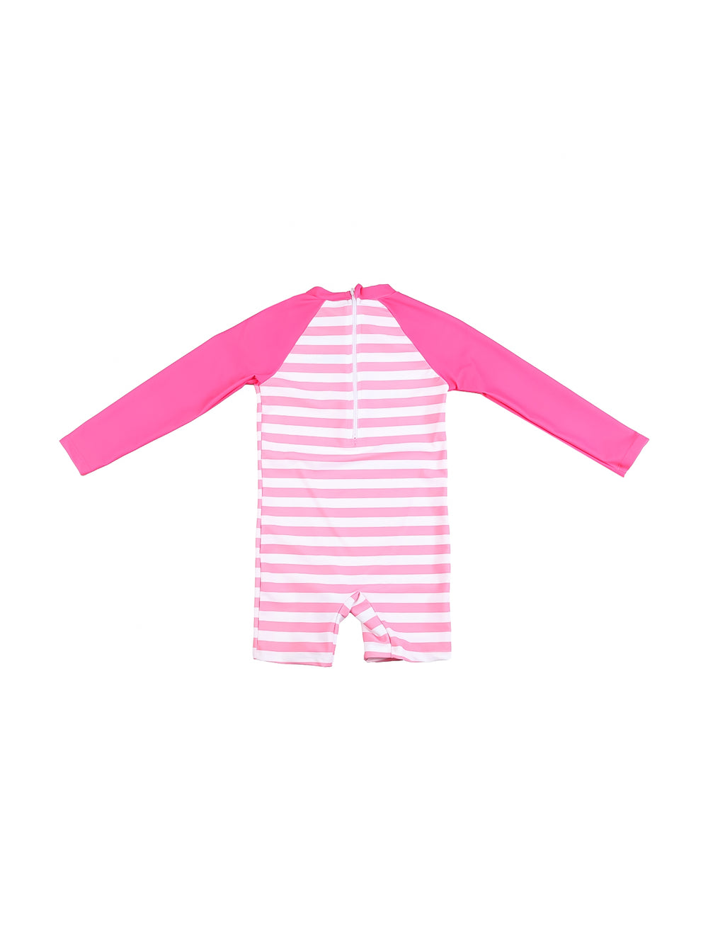 Traje de baño fucsia y blanco para niña con manga larga y estampado de flamencos.