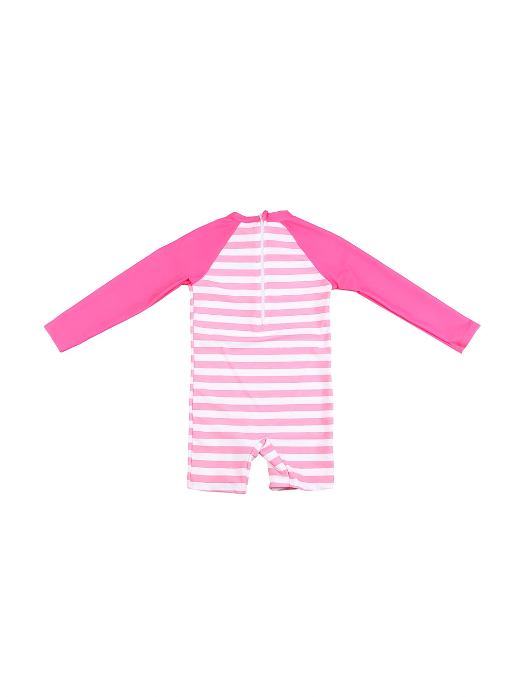 Traje de baño fucsia y blanco para niña con manga larga y estampado de flamencos.
