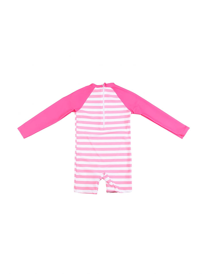 Traje de baño fucsia y blanco para niña con manga larga y estampado de flamencos.