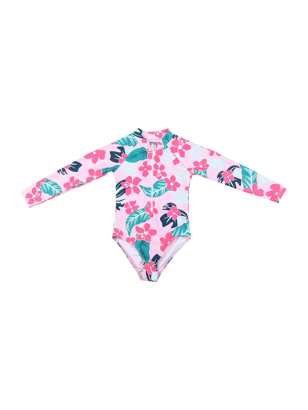 Traje de baño completo de manga larga para niña en color rosa con estampado floral en tonos azules y rosas.