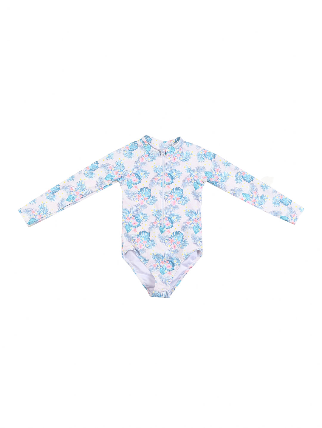 Traje de baño de una pieza con manga larga para niña, color blanco con estampado tropical azul.