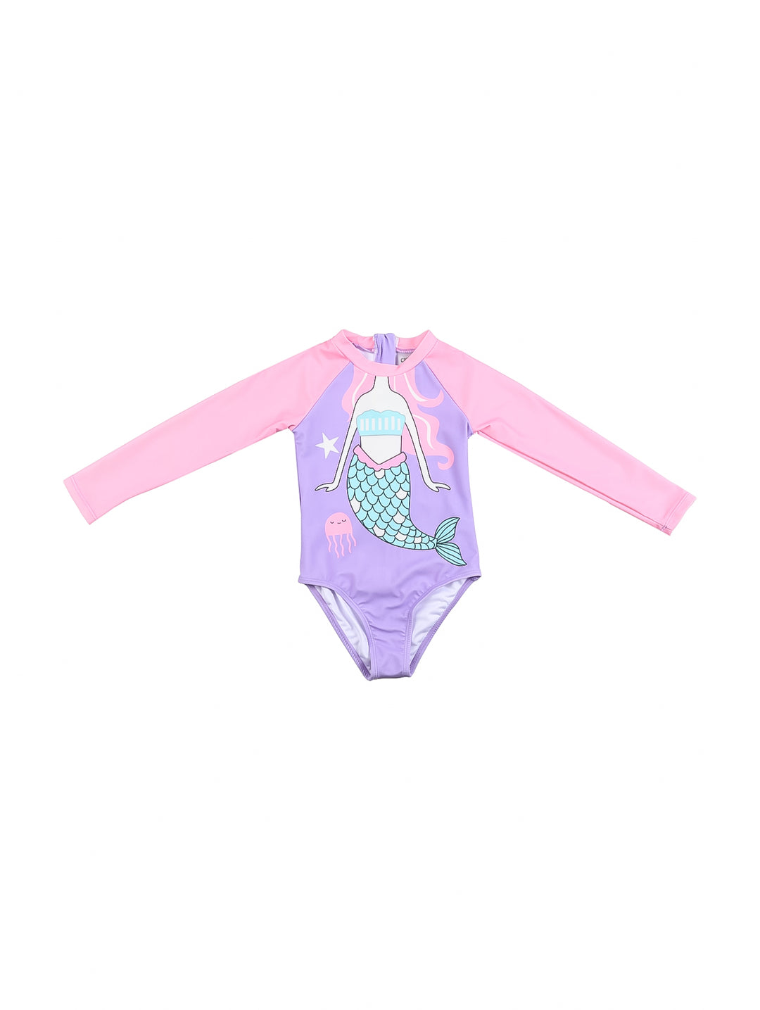 Traje de baño enterizo morado y rosa para niña con estampado de sirena y manga larga.