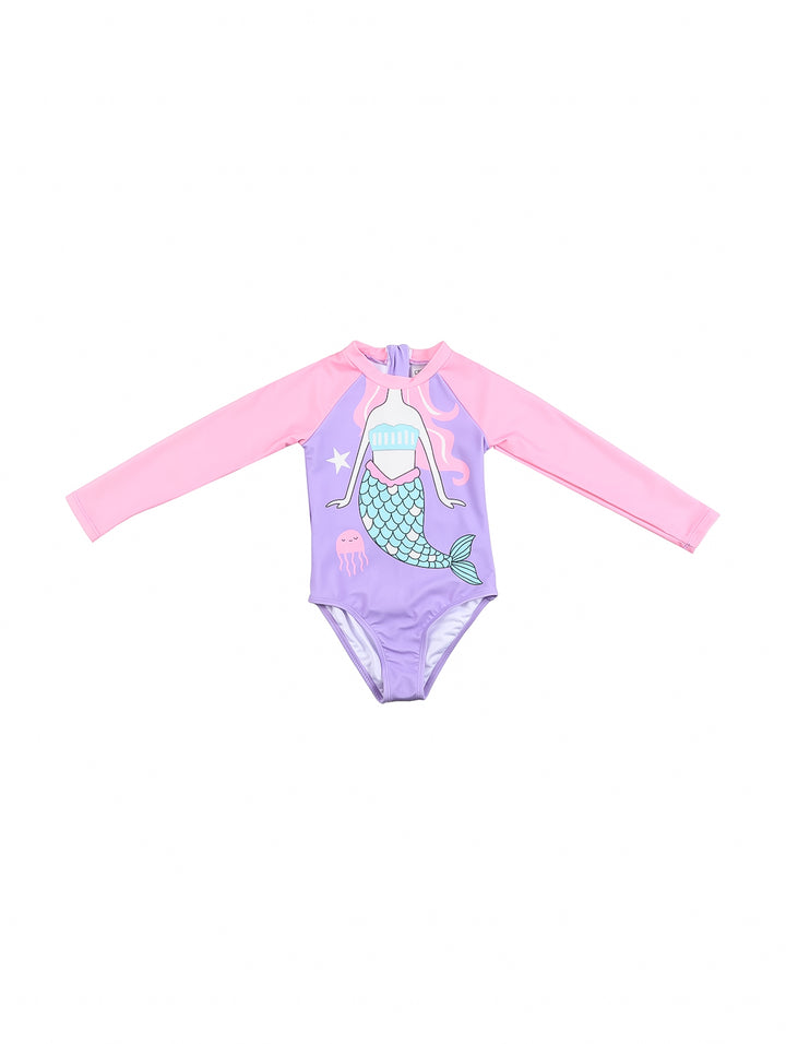 Traje de baño enterizo morado y rosa para niña con estampado de sirena y manga larga.