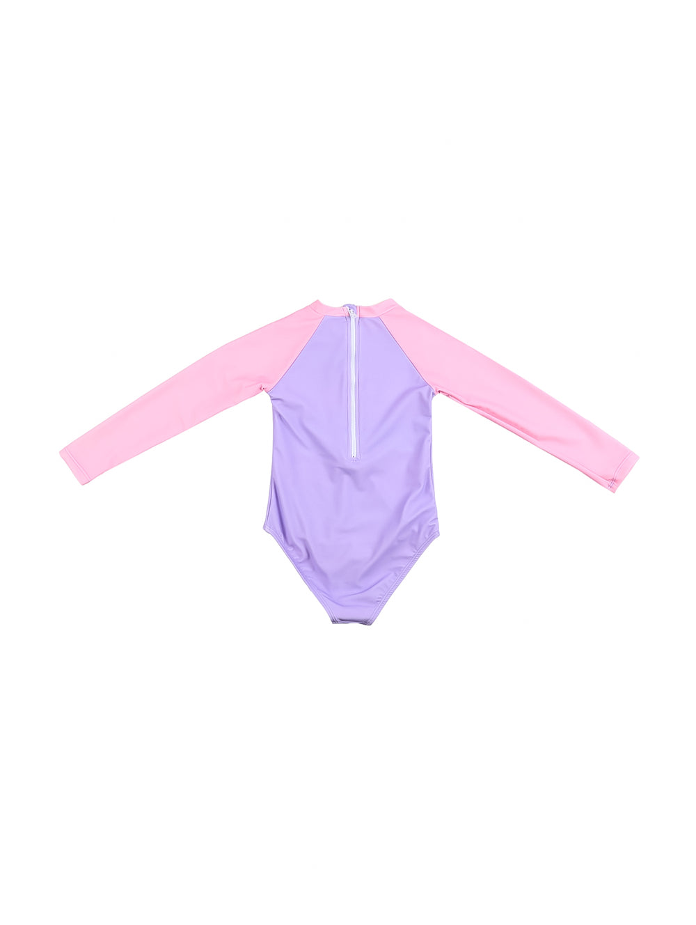 Traje de baño enterizo morado y rosa para niña con estampado de sirena y manga larga.