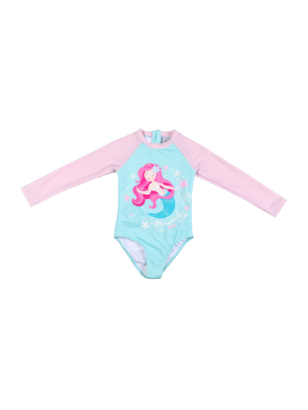 Traje de baño enterizo de manga larga para niña en colores azul y rosa con estampado de sirena.
