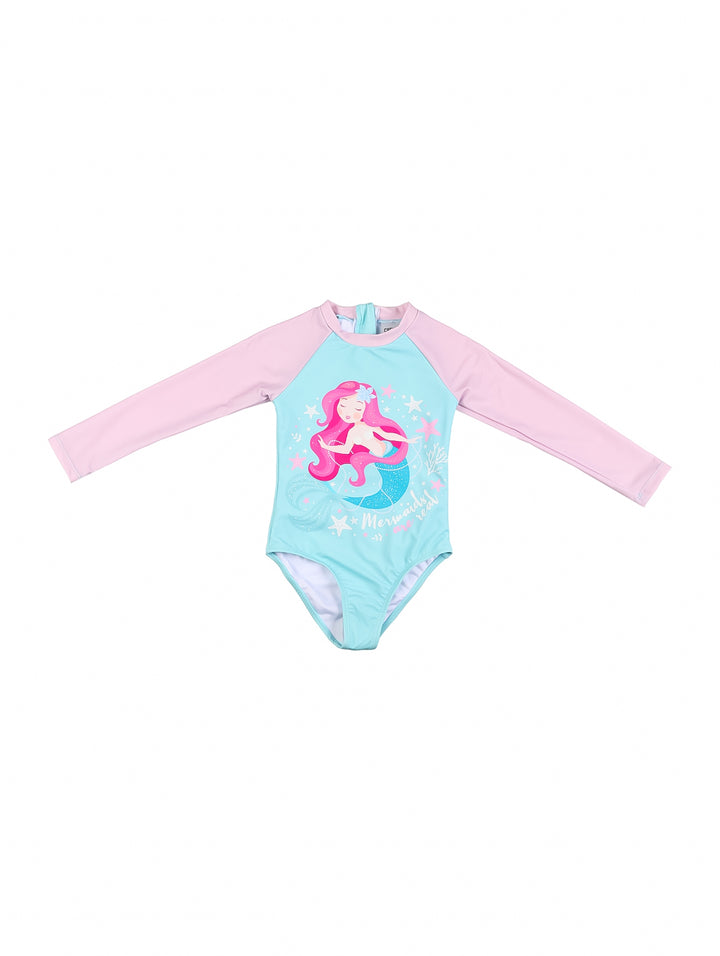 Traje de baño enterizo de manga larga para niña en colores azul y rosa con estampado de sirena.