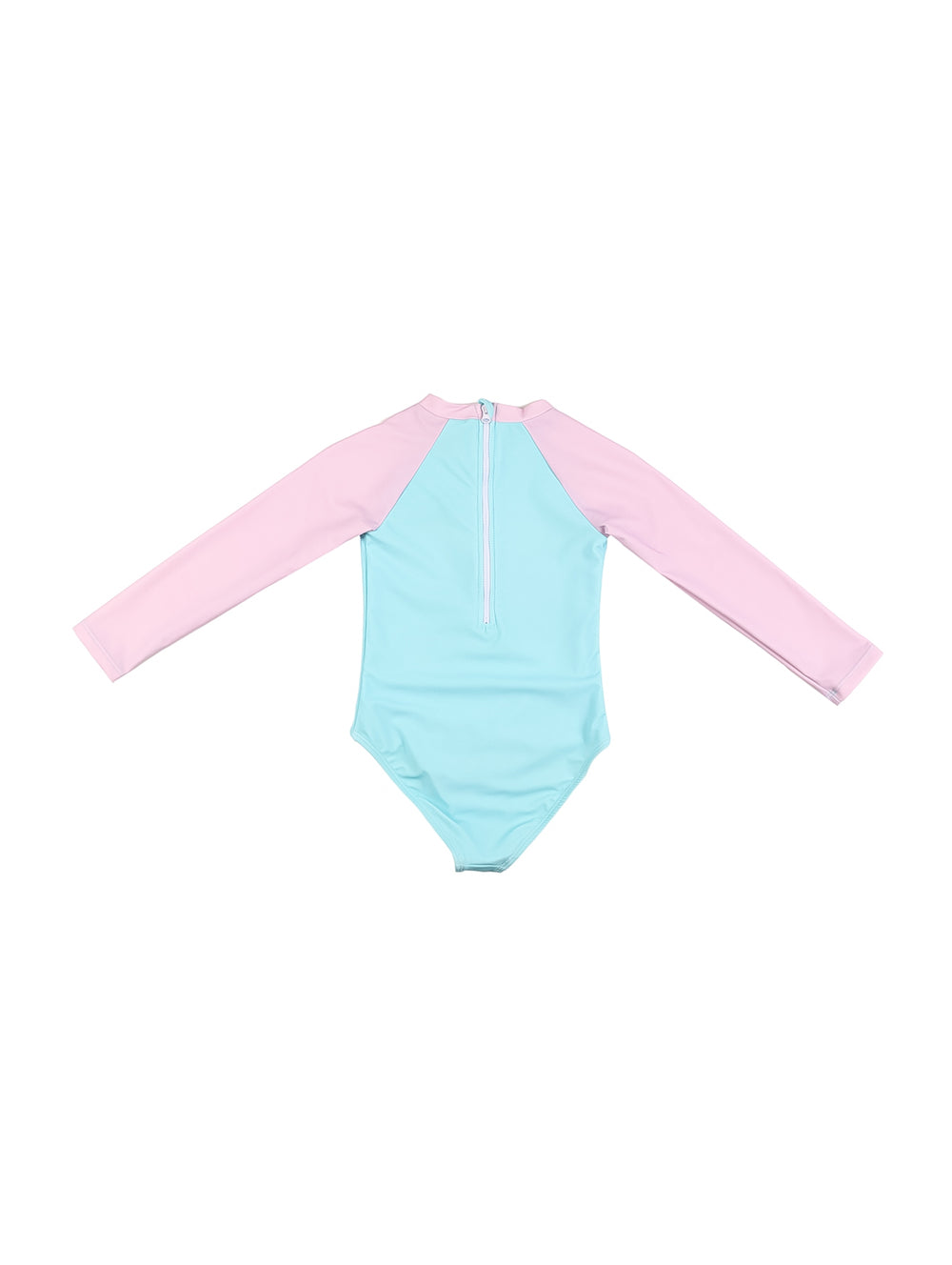 Traje de baño enterizo de manga larga para niña en colores azul y rosa con estampado de sirena.
