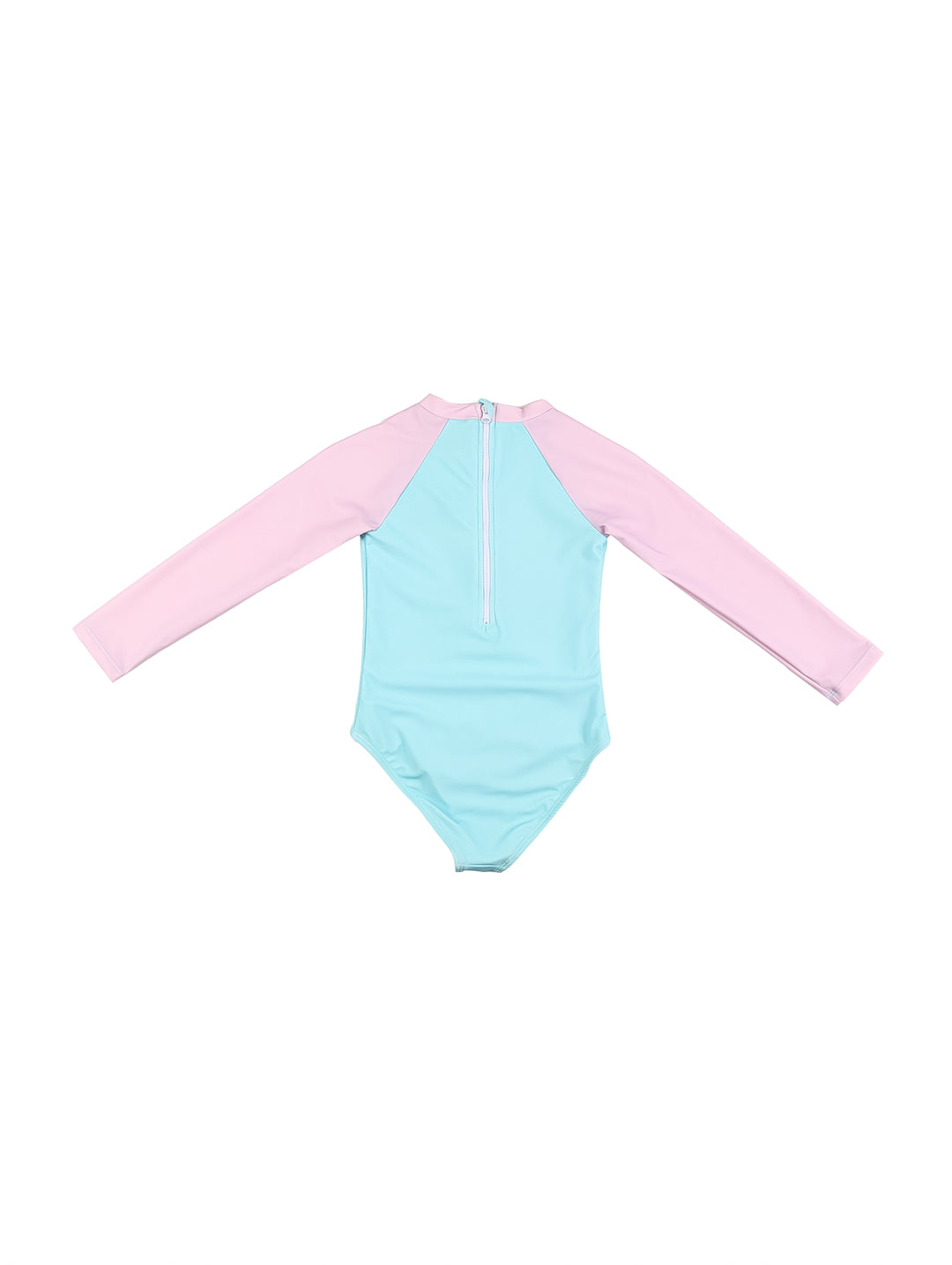 Traje de baño enterizo de manga larga para niña en colores azul y rosa con estampado de sirena.