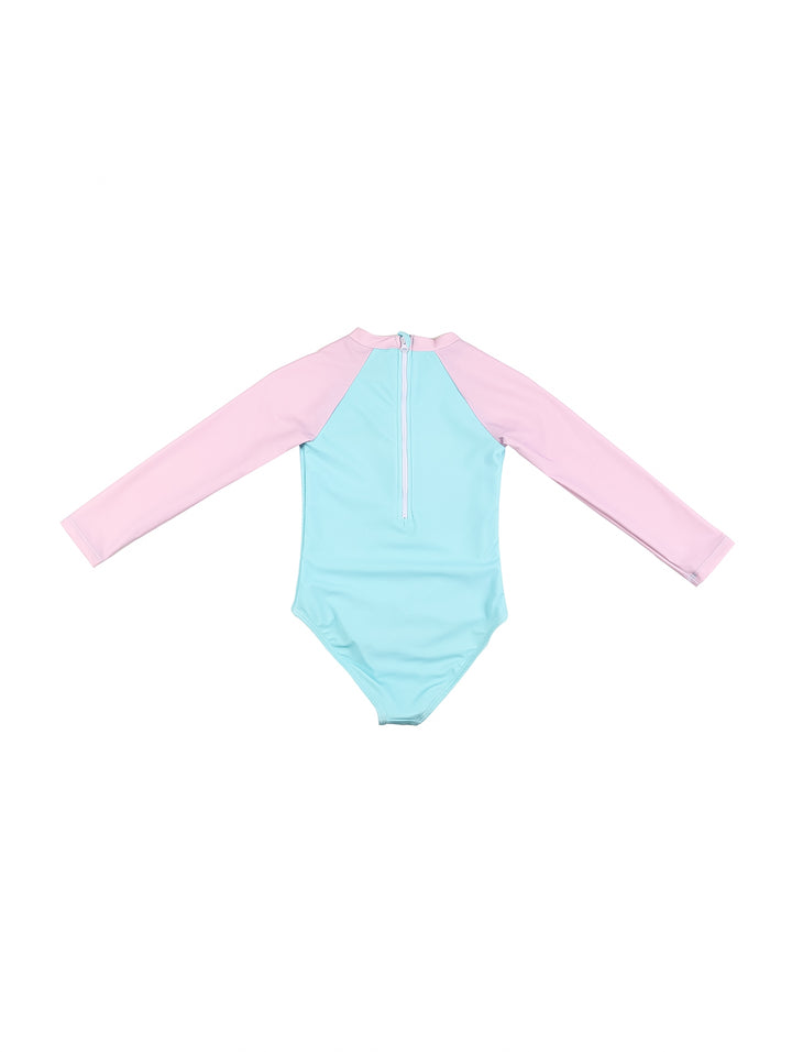 Traje de baño enterizo de manga larga para niña en colores azul y rosa con estampado de sirena.
