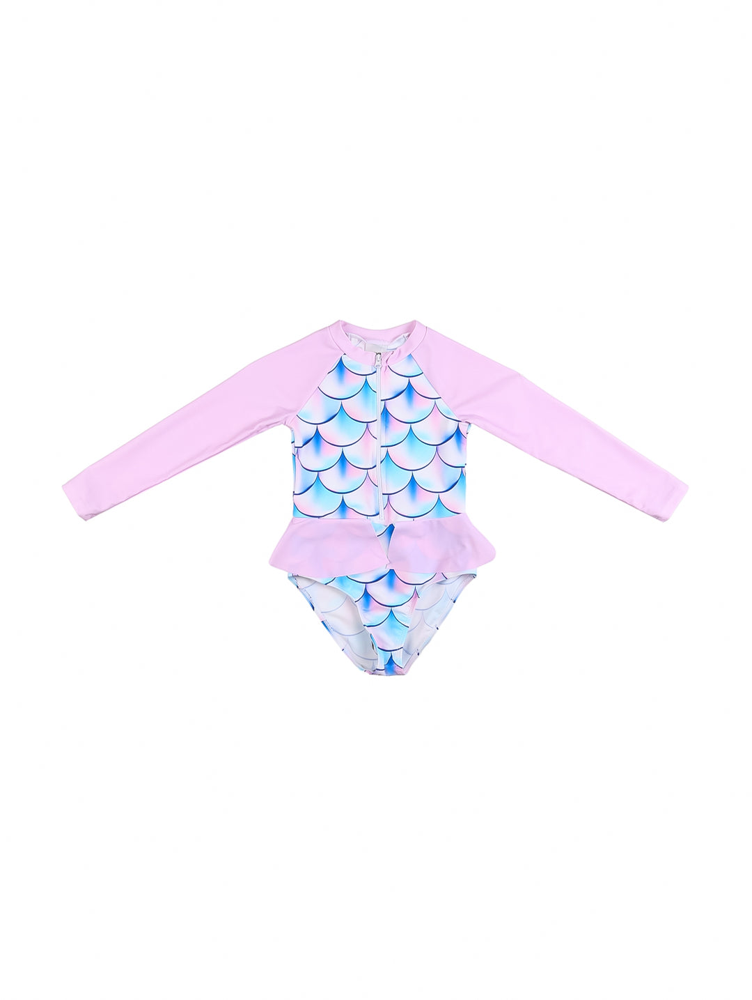 Traje de baño completo para niña color lila con estampado de escamas de sirena y manga larga.