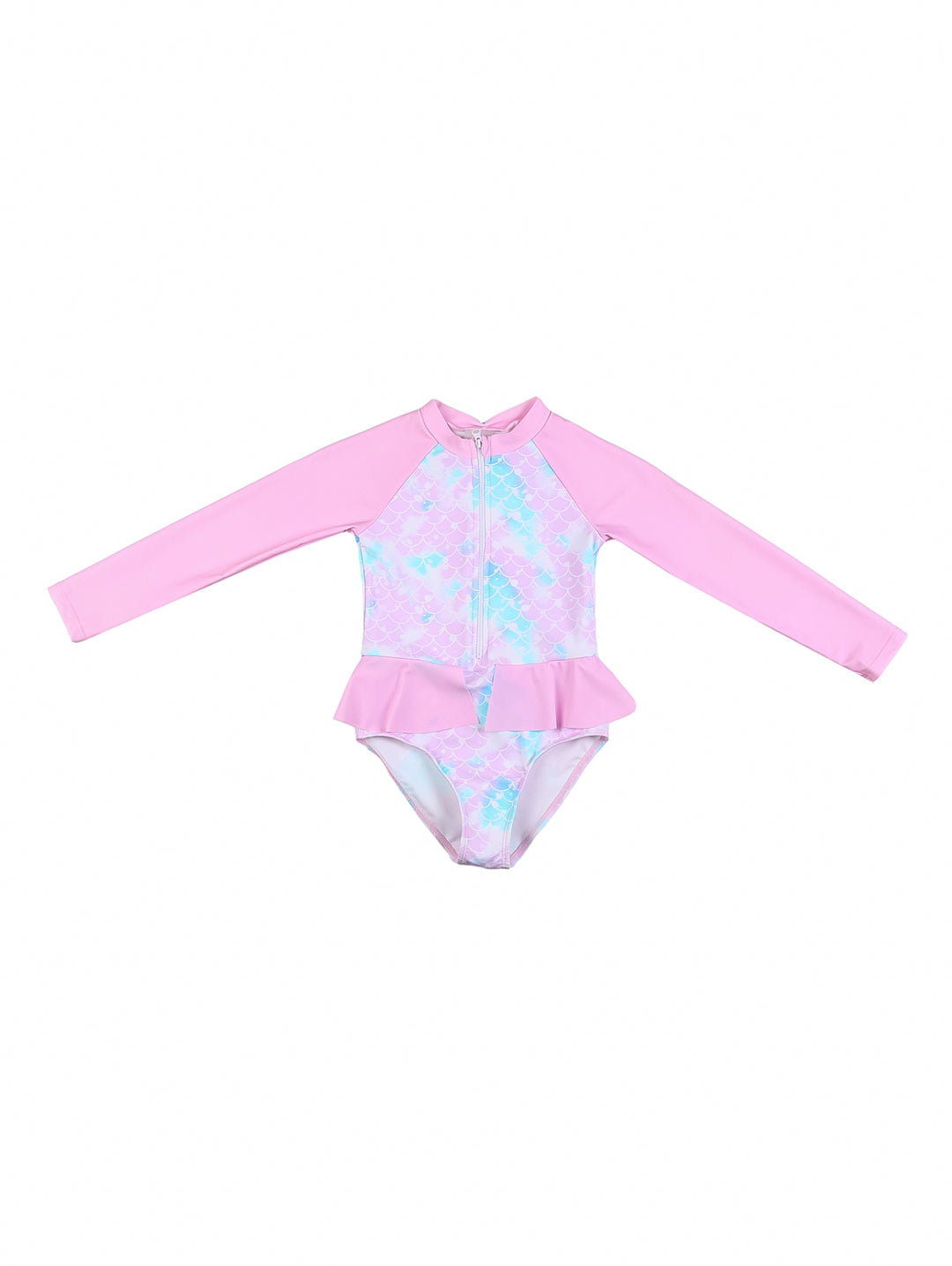 Traje de baño rosa y azul con estampado de escamas y manga larga para niña.