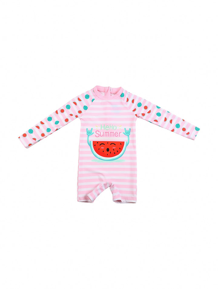 Traje de baño rosa y blanco a rayas con estampado de sandía y texto Hello Summer para niña.