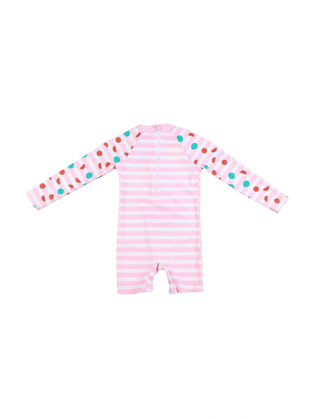 Traje de baño rosa y blanco a rayas con estampado de sandía y texto Hello Summer para niña.