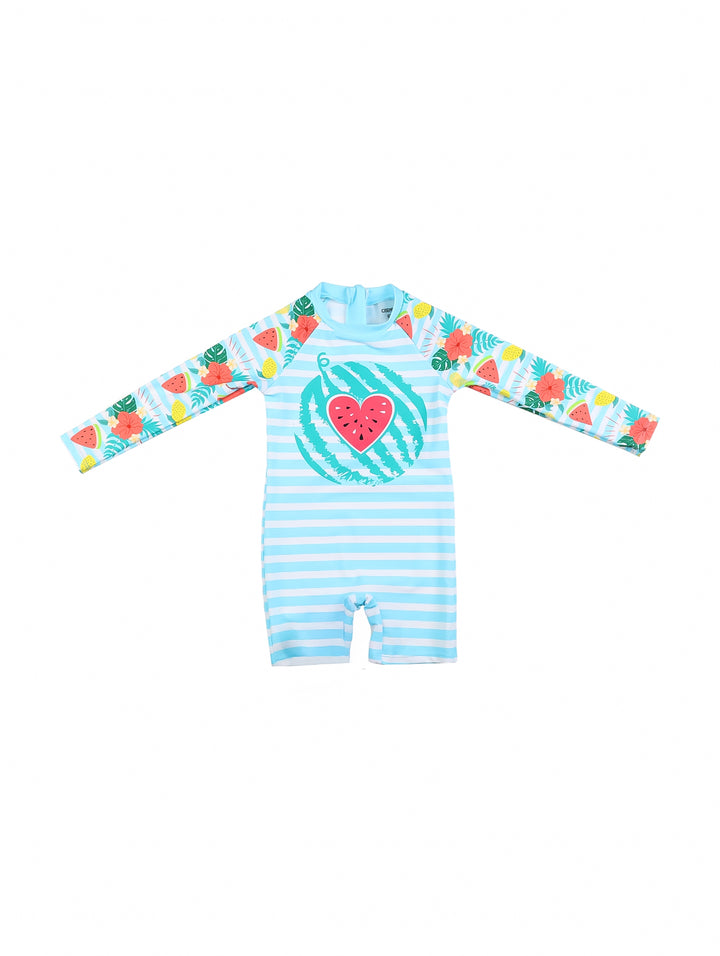 Traje de baño azul de manga larga para niña con estampado de sandías y rayas blancas.