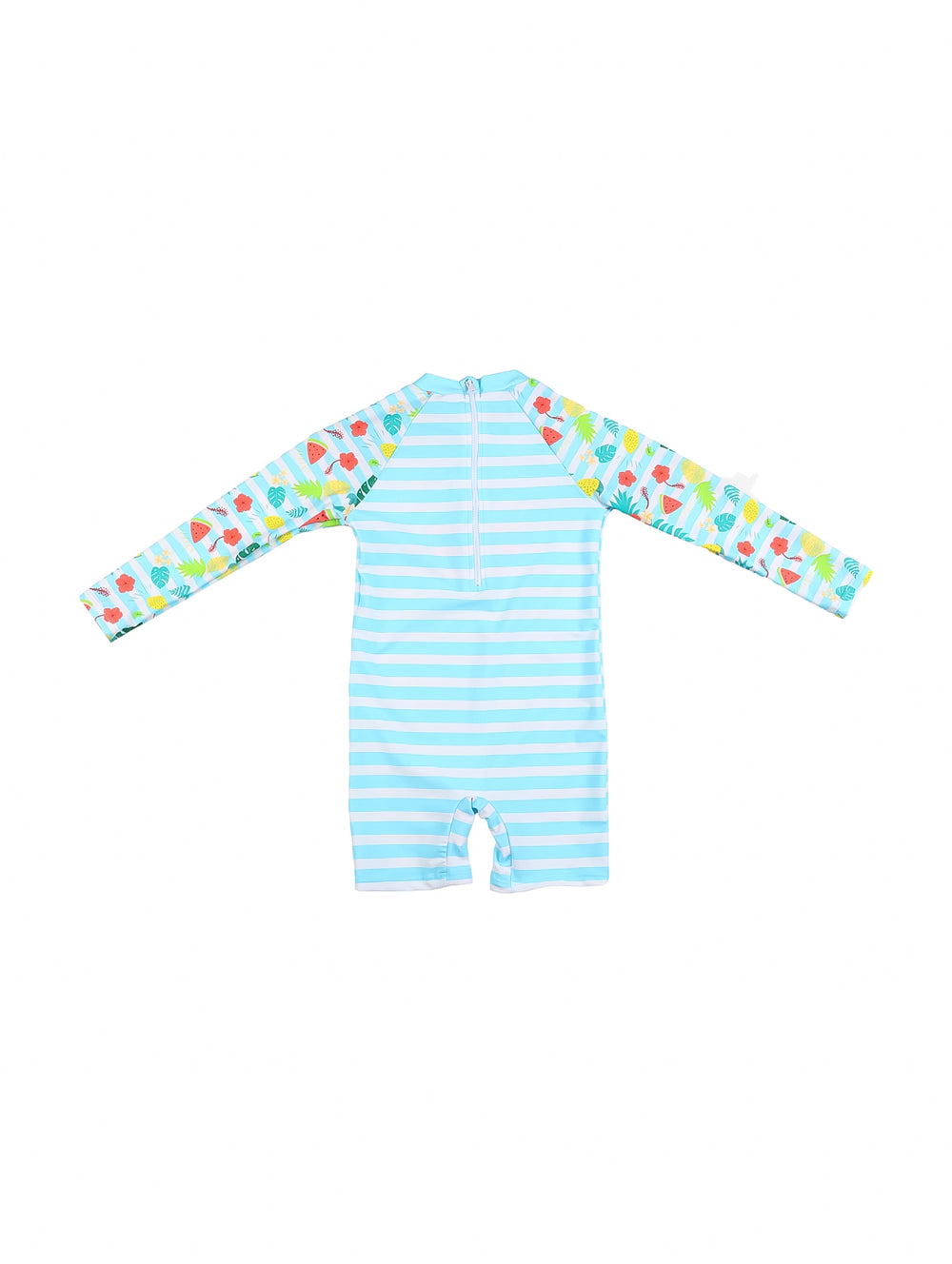 Traje de baño azul de manga larga para niña con estampado de sandías y rayas blancas.