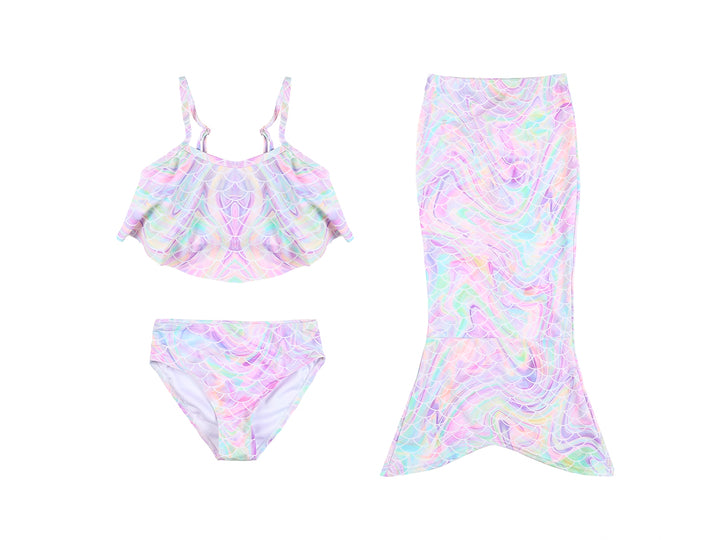 Traje de baño de tres piezas para niña con estampado de sirena en colores morado, rosa y azul brillante.