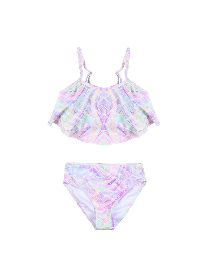 Traje de baño de tres piezas para niña con estampado de sirena en colores morado, rosa y azul brillante.