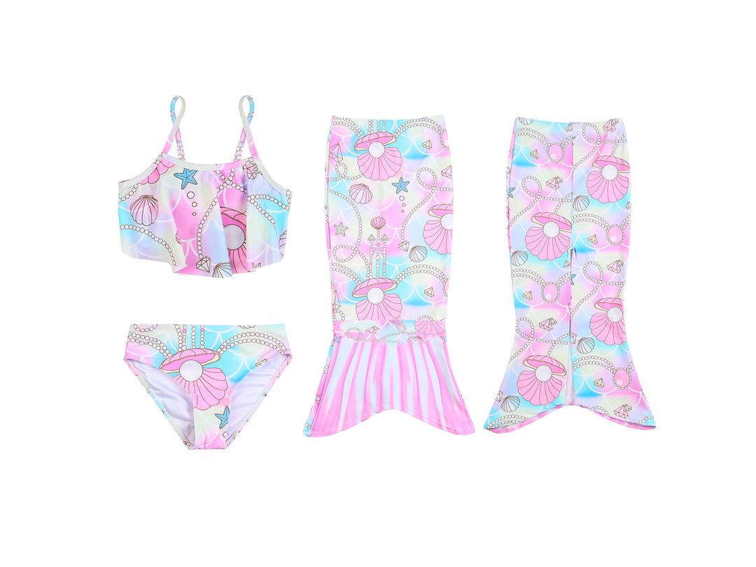Traje de baño de 3 piezas para niña con diseño de sirena en colores rosa, azul y morado.