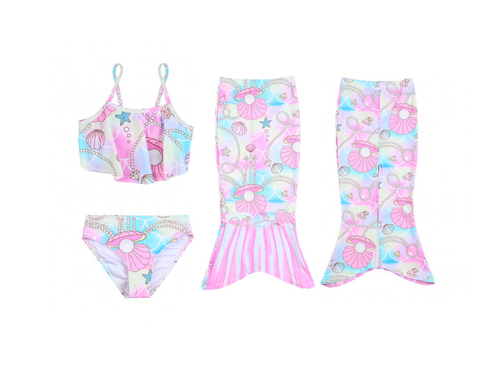 Traje de baño de 3 piezas para niña con diseño de sirena en colores rosa, azul y morado.