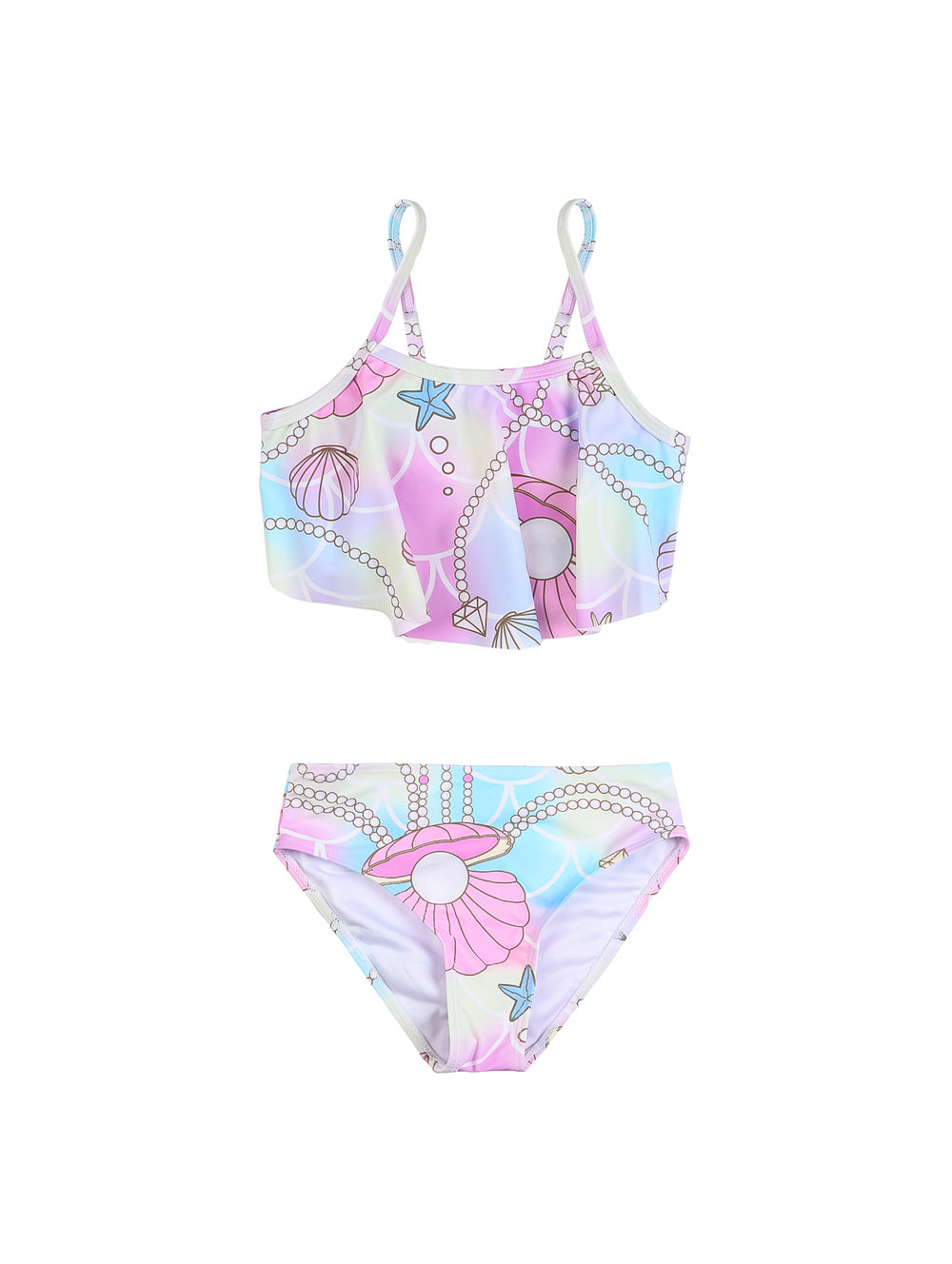 Traje de baño de 3 piezas para niña con diseño de sirena en colores rosa, azul y morado.