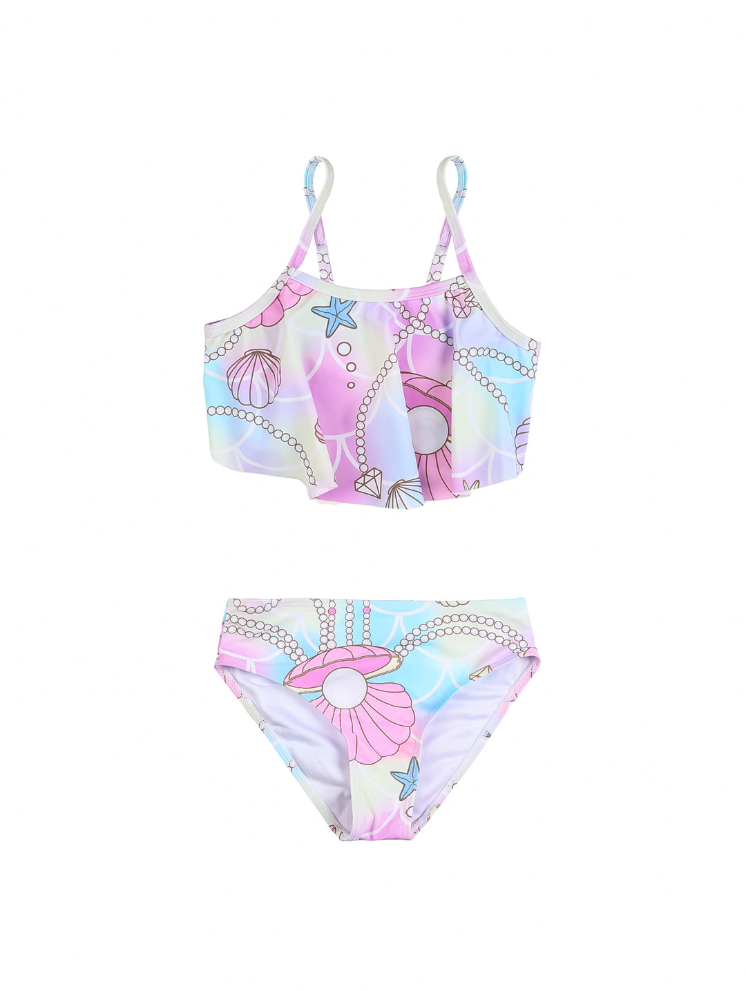 Traje de baño de 3 piezas para niña con diseño de sirena en colores rosa, azul y morado.