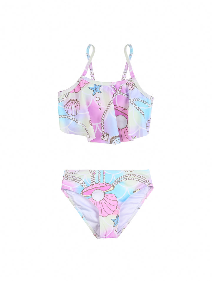 Traje de baño de 3 piezas para niña con diseño de sirena en colores rosa, azul y morado.