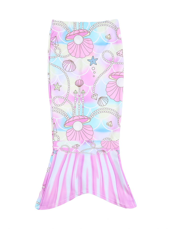 Traje de baño de 3 piezas para niña con diseño de sirena en colores rosa, azul y morado.