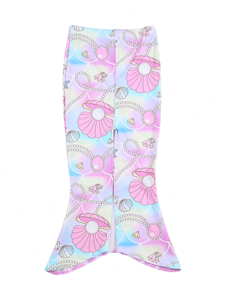 Traje de baño de 3 piezas para niña con diseño de sirena en colores rosa, azul y morado.