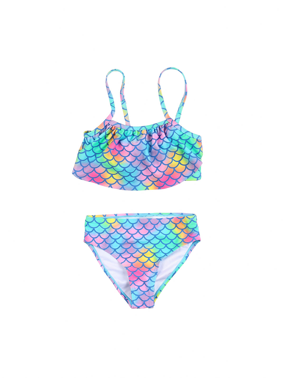 Traje de baño de dos piezas para niña con estampado de escamas de sirena en colores multicolor.