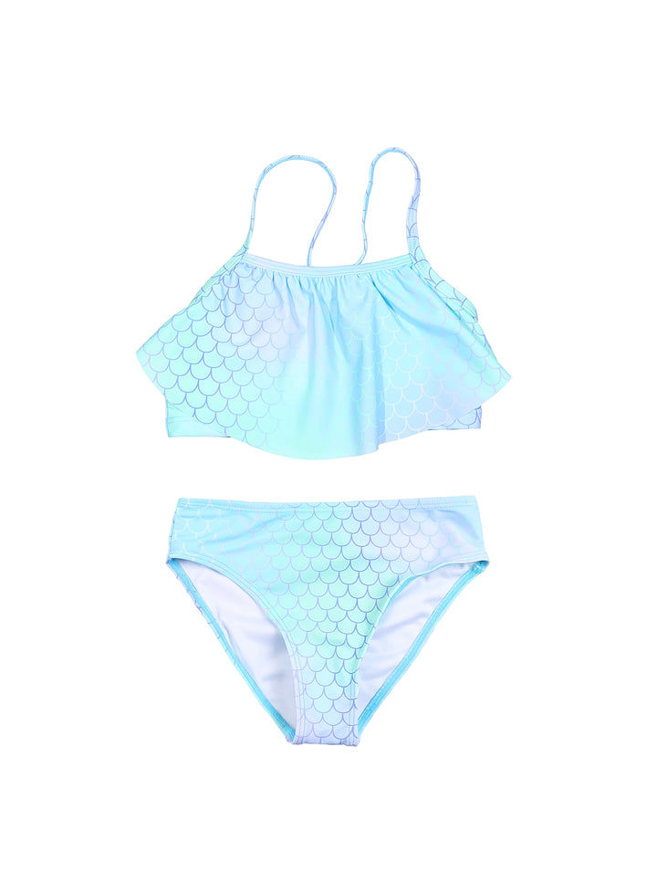 Traje de baño de dos piezas para niña en color azul con estampado de escamas de sirena brillantes.