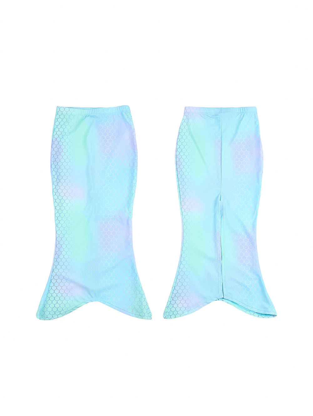 Traje de baño de dos piezas para niña en color azul con estampado de escamas de sirena brillantes.