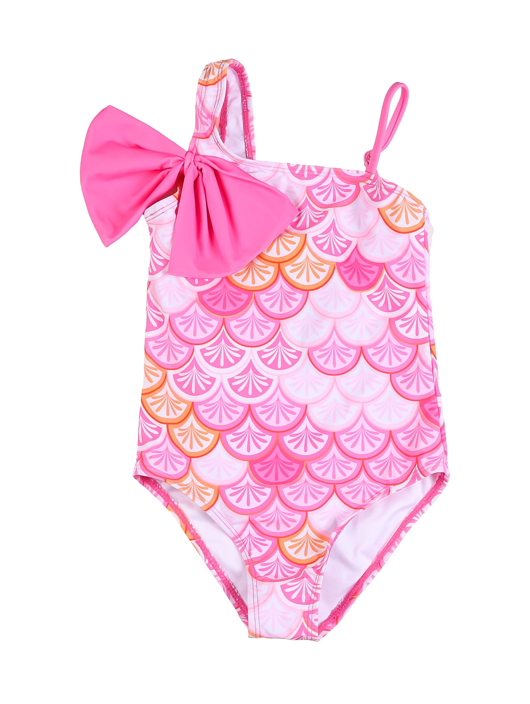 Traje de baño enterizo rosa para niña con estampado de escamas y un moño grande en el hombro.