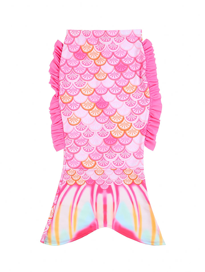 Traje de baño enterizo rosa para niña con estampado de escamas y un moño grande en el hombro.