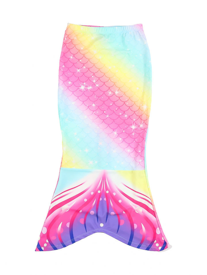 Traje de baño para niña con estampado de escamas de sirena en colores rosa, amarillo y azul con volante frontal.