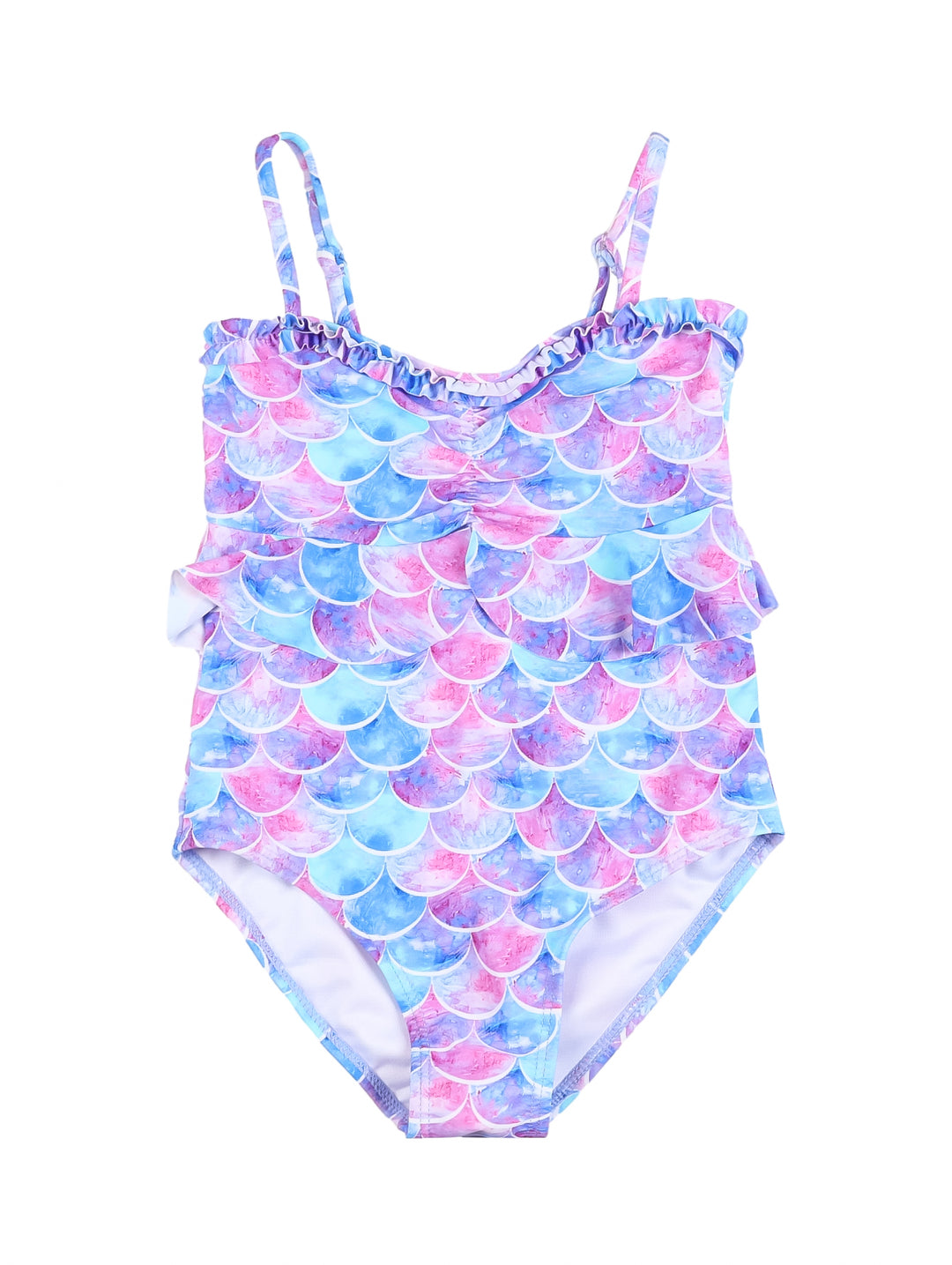 Traje de baño enterizo para niña con estampado de escamas de sirena en colores azul y rosa.